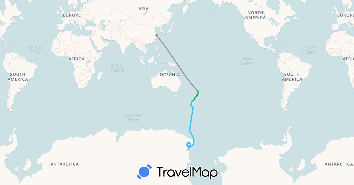TravelMap itinerary: driving, bus, plane, boat in Antarctica, China, New Zealand (Antarctica, Asia, Oceania)