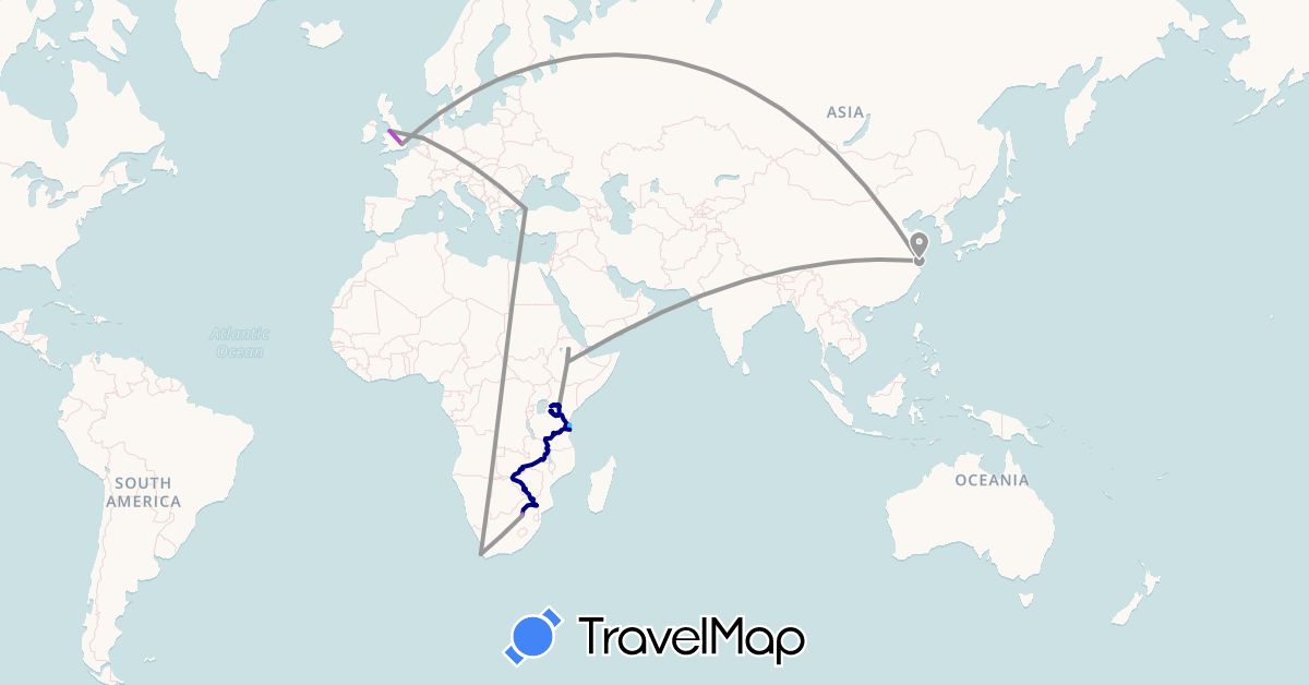 TravelMap itinerary: driving, plane, train, hiking, boat in China, Ethiopia, United Kingdom, Kenya, Malawi, Netherlands, Turkey, Tanzania, South Africa, Zambia, Zimbabwe (Africa, Asia, Europe)